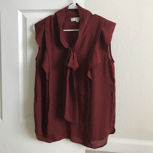 LOFT Tops - Loft Rust Tie Neck Ruffle Blouse